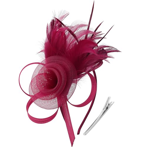 DRESHOW Fascinators Hats for Women Tulle Feather Tea Party Fascinator Wine