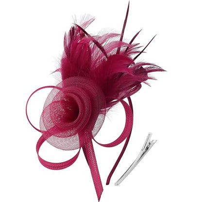 DRESHOW Fascinators Hats for Women Tulle Feather Tea Party Fascinator Wine