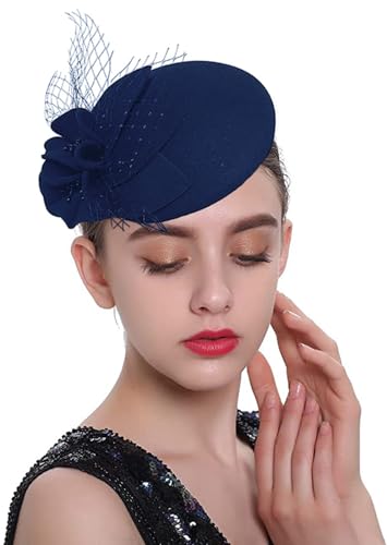 ORIDOOR British Style Pillbox Hat Women Church Wedding Winter Vintage Fascinator Beret 100% Wool Felt Hat with Veil - color: 03a-navy Blue