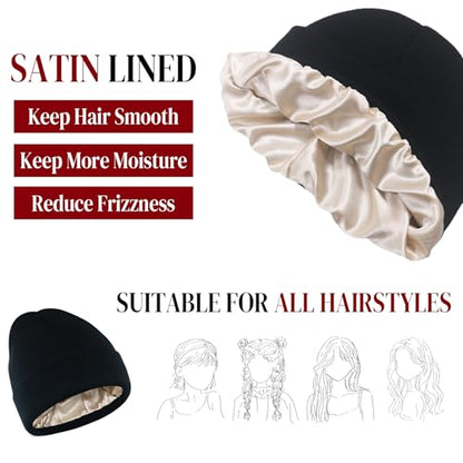 PFFY Womens Satin Lined Beanie Silk Lining Winter Hats Beanies for Women - color: White+white
