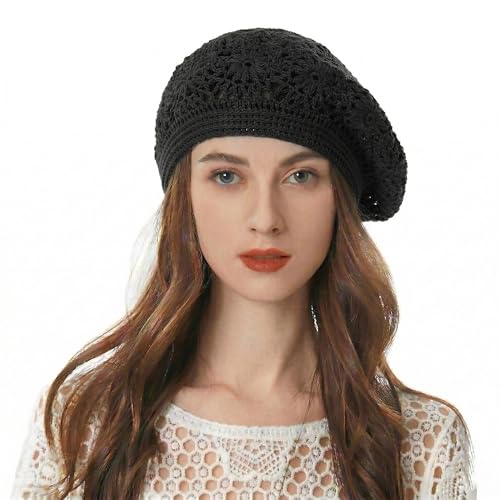 ZLYC Women Cotton Slouchy Crochet Beret Handmade Cutout Floral Beanie Hat - color: Plain Black
