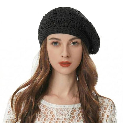 ZLYC Women Cotton Slouchy Crochet Beret Handmade Cutout Floral Beanie Hat - color: Plain Black