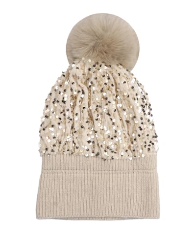 Women Sparkly Sequins Knitted Beanie Hat Warm Winter Skull Cap with Faux Fur Pom Pom - color: X Beige With Knit Cuffs