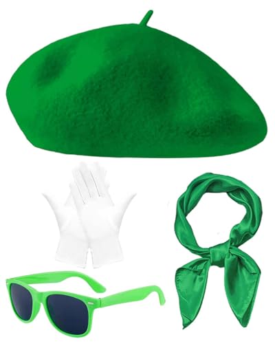 French Beret Hat Set,4 Pcs Solid Wool Beanie Hat with Chiffon Scarf Gloves Retro Sunglasses for Fancy Dress Costume - color: Saint Patrick's Theme