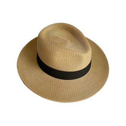 Unisex Adjustable Summer Straw Fedora Hat Sun Cap Panama Wide Brim For Beach Summer Outdoors Camping Supplies - color: Khaki