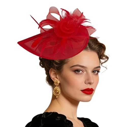 Women Vintage Fascinator Hat Flower Feather Mesh Headband Clip Pillbox Headwear for Wedding Tea Party - color: 02 Red