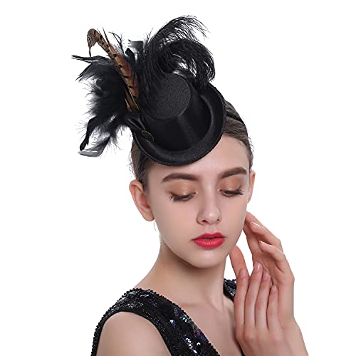 Fascinators Hat for Women Tea Party Headband Mini top Hats Cocktail Flower Mesh Feathers Hair Clip - color: Black-2
