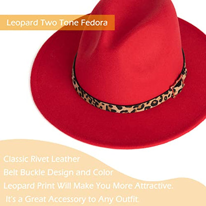 Women Two Tone Wide Brim Fedora Felt Panama Hat - color: Square Buckle-red Leopard