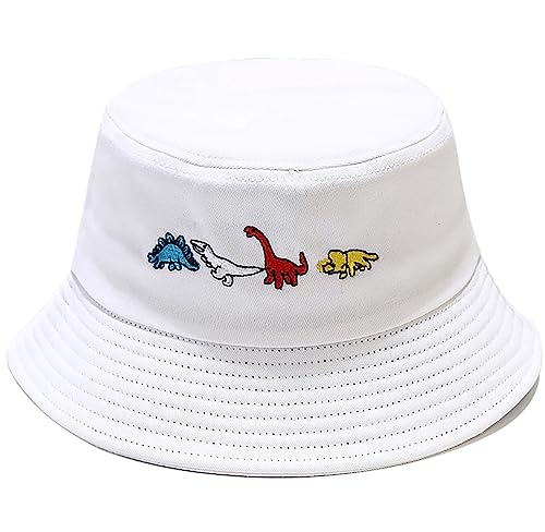XYIYI Fashion Embroidery Bucket Hat Cotton Beach Fisherman Hats for Women Girls - color: Little Dinosaur White