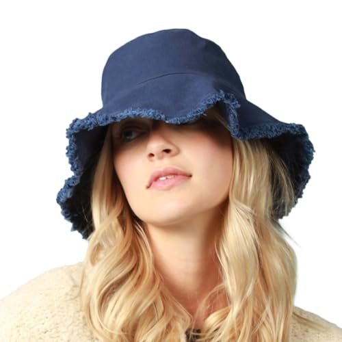 CHOK.LIDS Frayed Bucket Hat Washed Cotton Floppy Wide Brim Boonie Cap - color: Navy