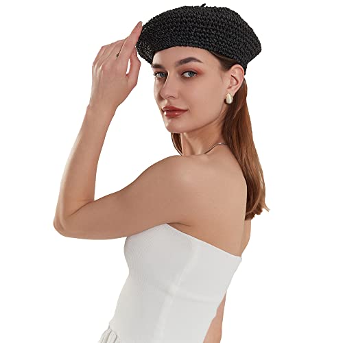 Straw Beret Summer French Beret Hats for Women Artist Crochet Beret - color: Black