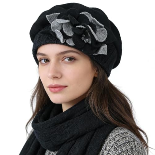 Women’s Vintage Wool Beret Winter Hats Elegant French Beret Beanie Dress Hat for Ladies - color: Hy023-black