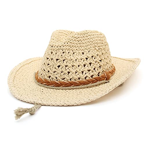 GEMVIE Baby Toddler Kids Sun Straw Western Cowboy Hat Wide Brim with Chin Strap - color: Beige