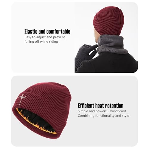 Winter Beanie for Men Women Fleece Lined Beanies Hats Soft Warm Thick Knit Hat - color: Wine Red