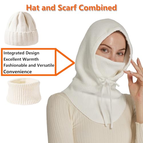 Knit Balaclava for Women Winter Hats Ski Mask Face Cover Neck Warmer - color: White