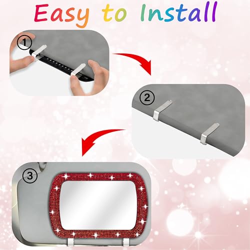 BFXM Car Visor Mirror, Clip-On Car Mirror Vanity with Red Bling Diamonds - color: Red
