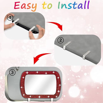 BFXM Car Visor Mirror, Clip-On Car Mirror Vanity with Red Bling Diamonds - color: Red