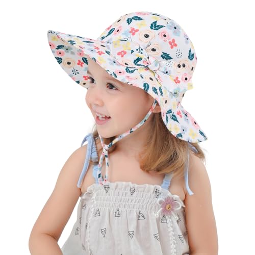 Toddler Kids Baby Girl Sun Hat Floppy Cotton Summer Hat 50+ SPF Protective - color: 202203/Flower/White, size: 12-24 Months