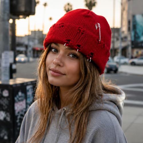 Distressed Ring Beanie Hat for Women Men Slouchy Skull Cap - color: Red