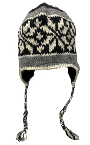 Wool Hand Knit Unisex Fleece Lined Ear Flap Beanie Sherpa Cap Hat Nepal - color: Gray Snowflake