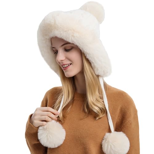 Womens Faux Fur Hat with Fluffy Pompom for Winter Fuzzy Knitted Beanies Skull Cap Warm Earflaps Cold Weather Cute - color: White