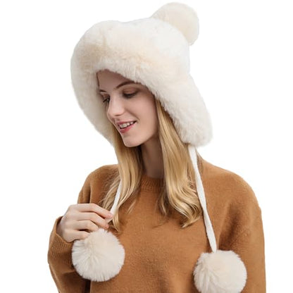 Womens Faux Fur Hat with Fluffy Pompom for Winter Fuzzy Knitted Beanies Skull Cap Warm Earflaps Cold Weather Cute - color: White