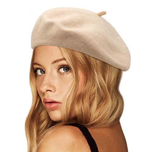 Wheebo Wool Beret Hat,Solid Color French Style Winter Warm Cap for Women Girls Lady - color: Beige