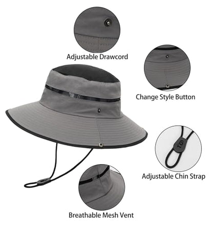 Men's Beach-Sun-Hat Wide-Brim Sun-Protection-Fishing Hat Outdoor Boonie Hat - color: Grey and Black