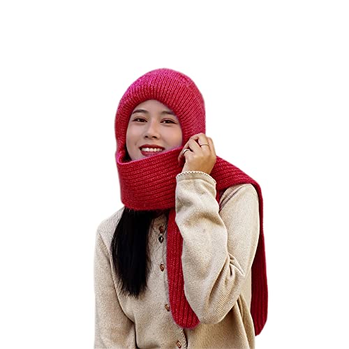 Winter Warm Elastic Soft Ear Protection Knitted Scarf Hat Fleece Lined Beanie Hat - color: H01-dark Red