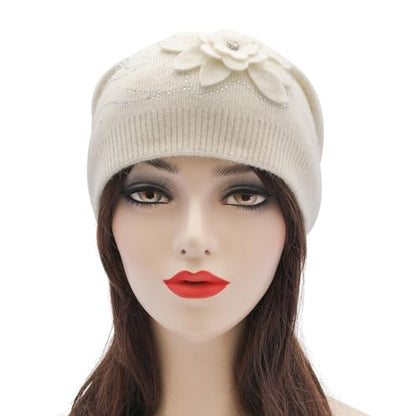 ZLYC Women Floral Slouchy Beanie Hat Double Layer Winter Knit Skull Cap - color: Flower White