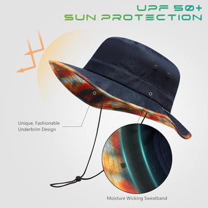UPF 50+ Foldable Sun Hat Patterned Under Brim Bucket Hats for Summer Hiking Fishing Beach Safari Men Women - color: Khaki & Navy, size: Medium