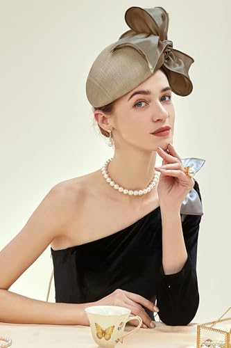 BABEYOND Fascinators Hats for Women Linen Satin Pillbox Bow Derby Tea Hat - color: Champagne