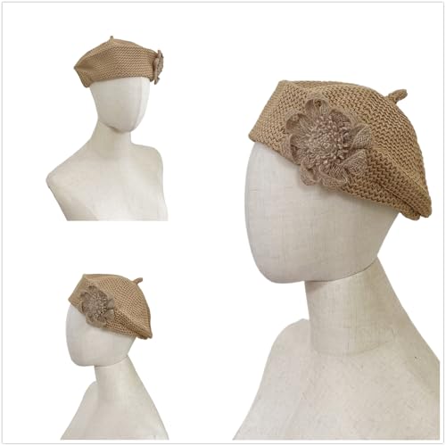 Women Summer French Beret Lady Slouchy Crochet Beret Hats 3D Flower Artist Painters Woven Beach Beanie Cap - color: Khaki