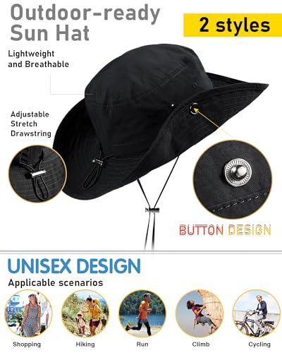 Wide Brim Waterproof Bucket Rain Hat for Women Men UPF50+ Cowboy Sun Hat - color: Black