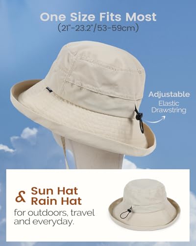 Bucket Sun Hat for Women, UPF 50+ Wide Brim, Packable, Waterproof Rain Hat for Hiking Outdoor Travel - color: Beige