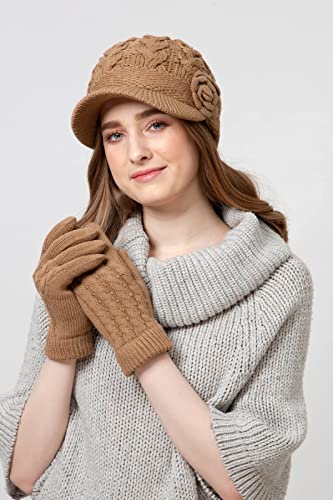 Womens Winter Elegant Cable Flower Knitted Newsboy Cabbie Cap Beret Beanie Hat with Visor, Warm Plush Fleece Lined - color: Camel Cable Flower-hat Gloves Set