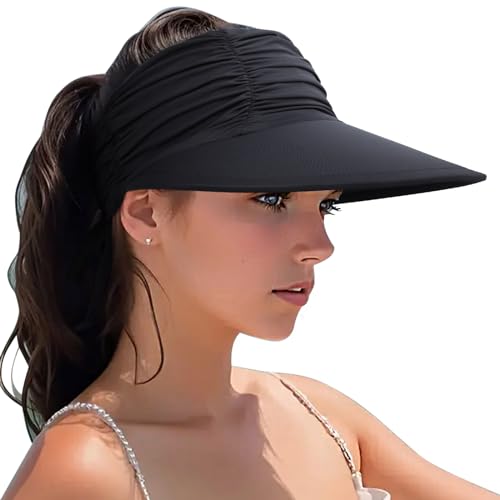 Women Visor Sun Hat Adjustable Foldable Wide Brim Sun Hats Summer UPF 50+ UV Protection Visor Cap for Outdoor Beach - color: Black a
