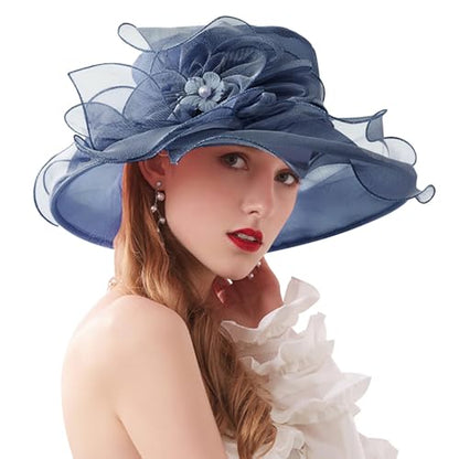 AQOKKA Women Organza Church Fascinators Kentucky Derby Hats for Women and Girls Wedding Flower Tea Party Hat with Wide Brim - color: Simulated Flower : Navy