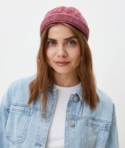 DIYDECAL Vintage Washed Cotton Sailor Docker Cap for Men, Brimless Skull Cap with Classic Retro Style - color: Wine