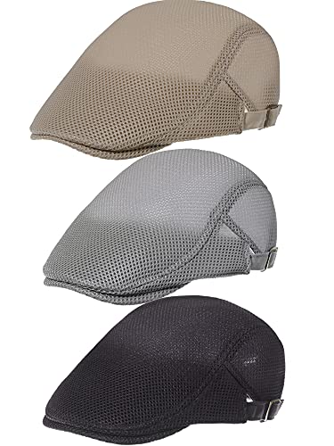 Geyoga 3 Pcs Mesh Newsboy Cap, Adjustable Mesh Cap - color: Khaki, Light Gray, Black