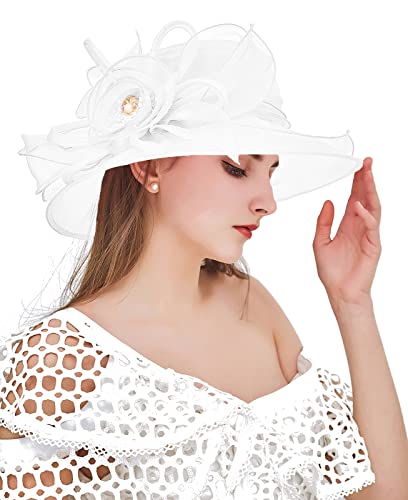 Women's Kentucky Derby Church Dress Hat Wide Brim Leaf Flower Bridal Shower Hat - color: F5 White
