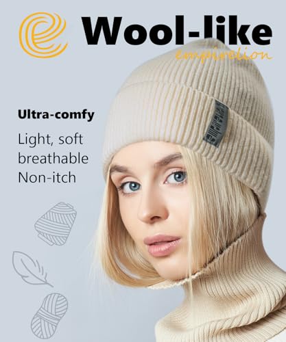 EMPIRELION Wool-Like Cuff Beanie, 0% Wool Itch-Free, Thick Thermal Knit Warm Winter Hats,Soft Stretch Outdoor Cap - color: Frosted Vanilla