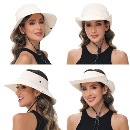 Sun Hats for Women Bucket Hat UV Protection Fishing Hat Wide Brim Safari Hats 2 in 1 Zip-Off Sun Visor Hats UPF 50+ - color: With One Pair Cooling Sleeves-1pack-beige