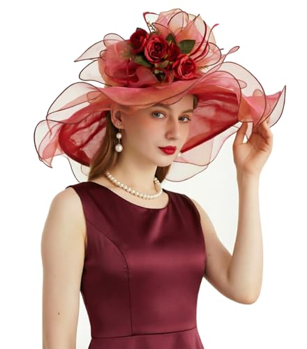 ORIDOOR Women Hats Headband Hairpin Organza Fascinator Church Hat Floral Tea Party Wedding Hat - color: 005 Burgundy Red