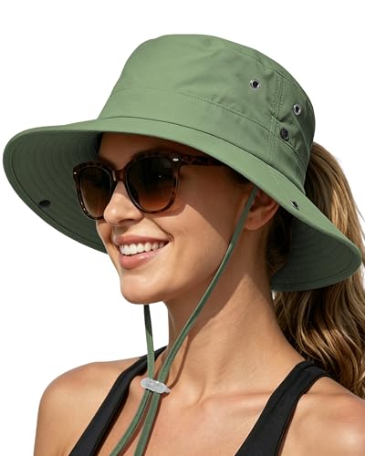 Women Sun Hat with Ponytail Hole Wide Brim Bucket Sun Protection for Summer - color: Green