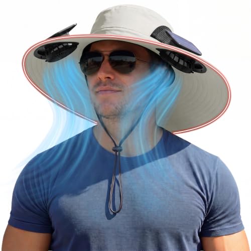 Zaximap Solar Fan Hat with Steel Brim for Men Women UPF 50+ Garden Outdoor Fishing Beach Essential - color: Light Grey