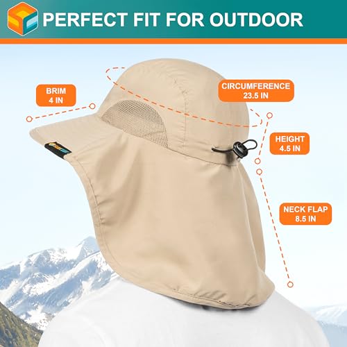 SUN CUBE Wide Brim Sun Hat with Neck Flap for Men Women, UPF50+ Fishing - color: Tan