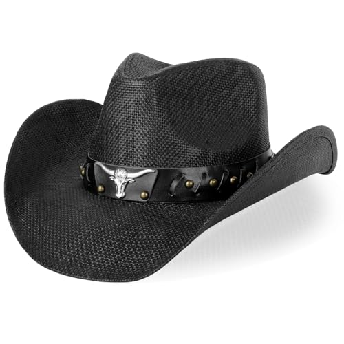 WQWOVRVO Cowboy Hat,Cowgirl Hat,Western Cowboy Hats for Women/Mens/Straw Wide with Shapeable Brim Cowboy Hat for Womens - color: Black