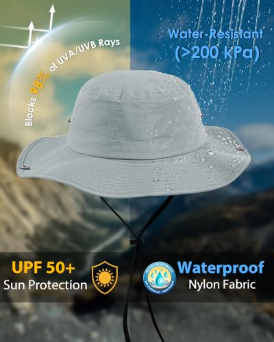 Wide Brim Waterproof Bucket Rain Hat for Women Men UPF50+ Cowboy Sun Hat - color: Light Gray