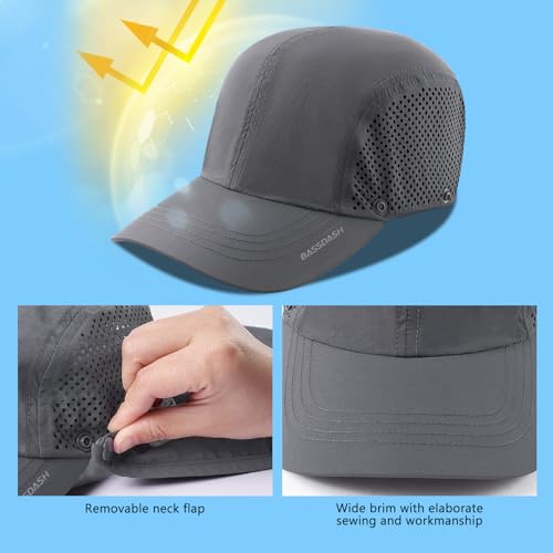 BASSDASH UPF 50+ Fishing Hat, Baseball Cap with Removable Neck Flap - color: Dark Grey With Unfoldable Brim